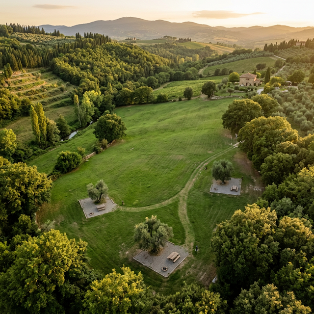 Vista panoramica dell'area camper di Coclea circondata dal verde