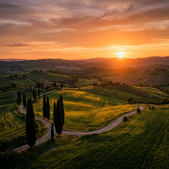 Tramonto caldo e arancio sull'area camper di Coclea