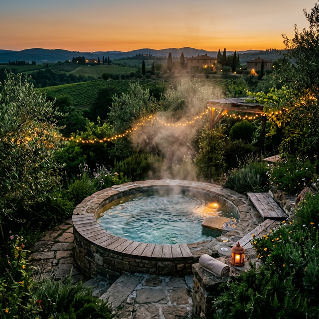 Jacuzzi gonfiabile all'aperto tra il verde, progetto futuro Coclea