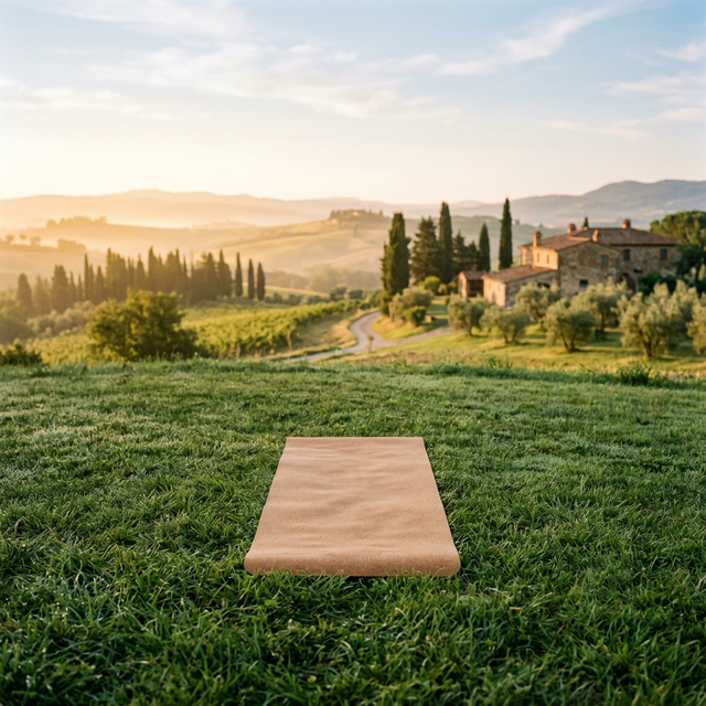 Spazio yoga all'aperto con vista sul paesaggio, progetto futuro