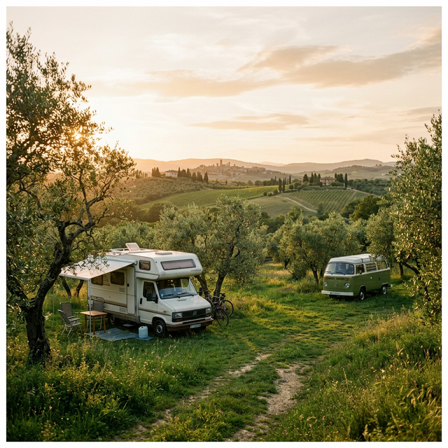 Vista dell'area verde di Agripoint Coclea al tramonto con cielo limpido